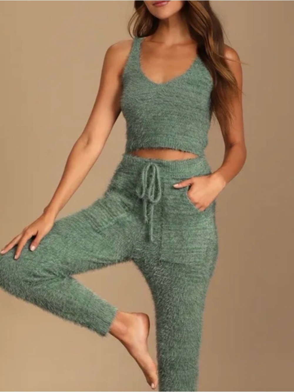 Lulu's Road To Cozy Fuzzy Knit Crop Tank and Drawstring Joggers Set - Sage Green